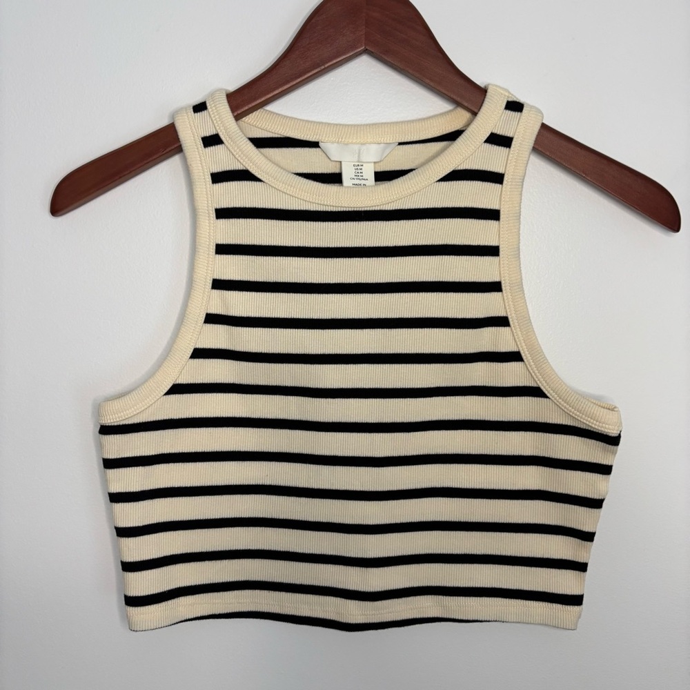 H&M | Cream and Black Striped Ribbed Cropped Racerback Y2K Tank Top‎ | Size M